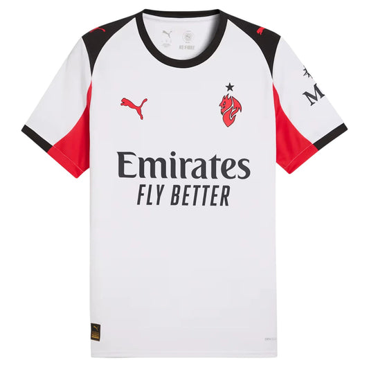 GOATkitz AC Milan 2025-26 kids away jersey in white with red and black accents. Features Emirates Fly Better sponsor.