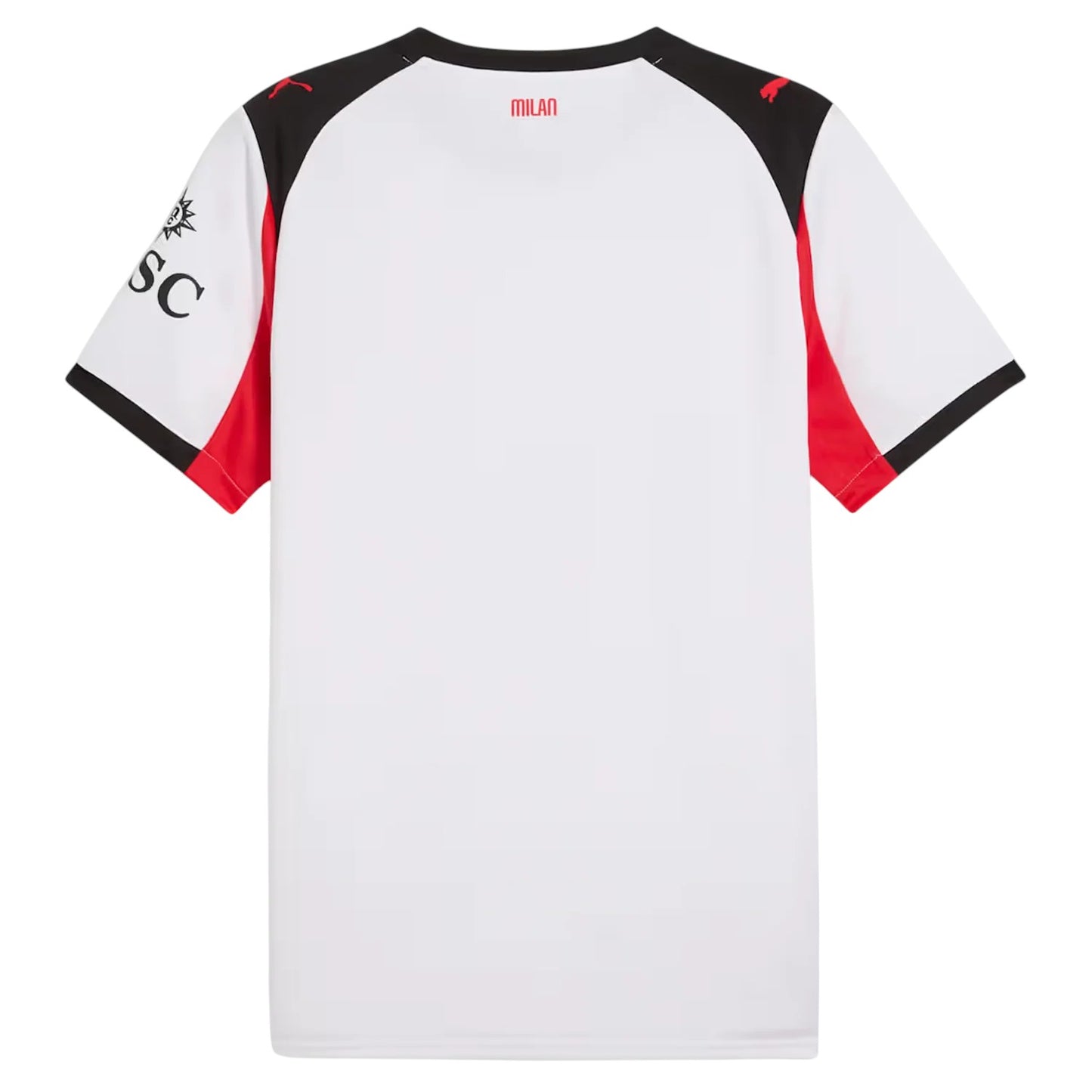 GOATkitz AC Milan 2025-26 kids away jersey, white with black and red accents on sleeves and collar. Features Puma logo and Milan text.