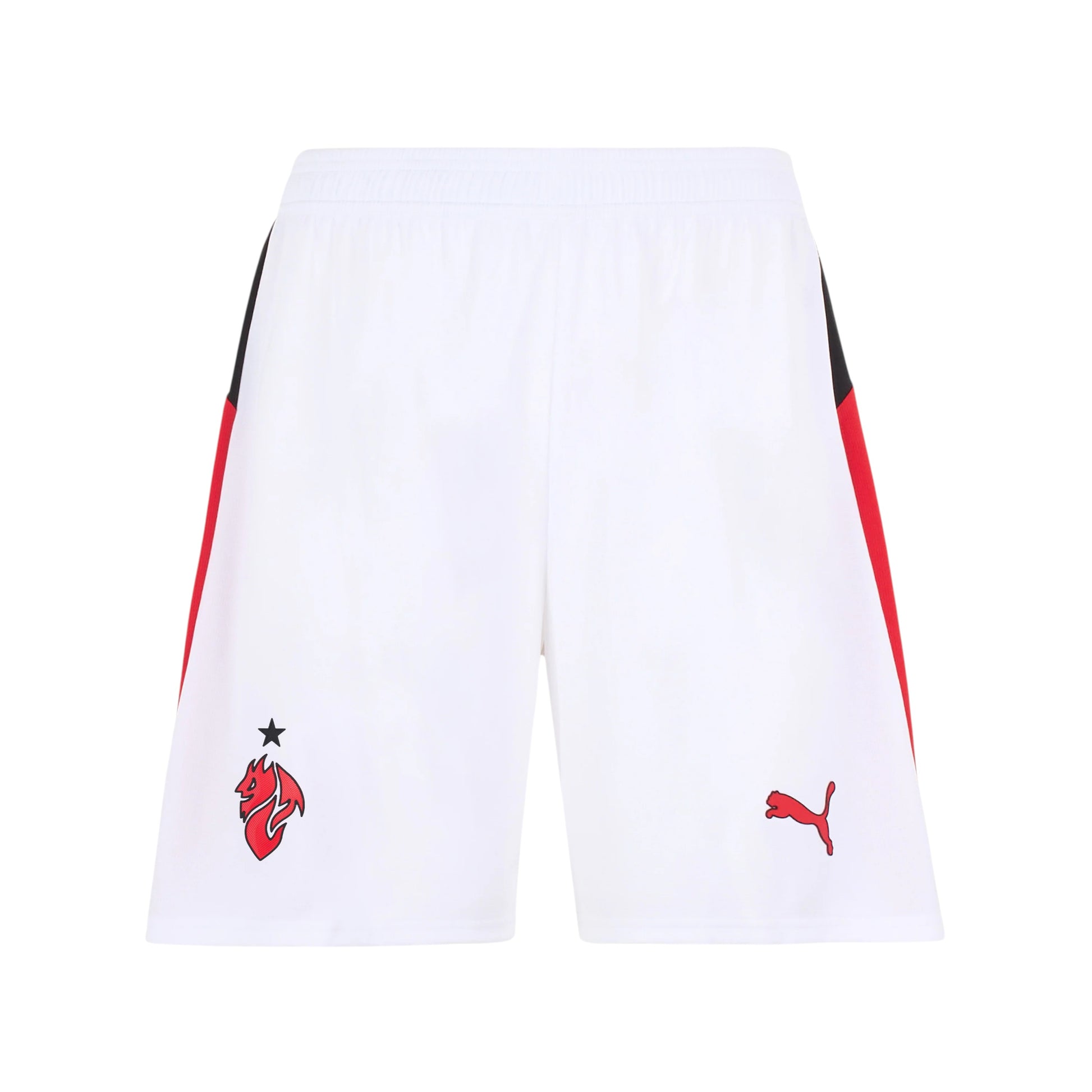 GOATkitz AC Milan 2025-26 kids away shorts in white with red and black side stripes. Features Puma logo and AC Milan crest.