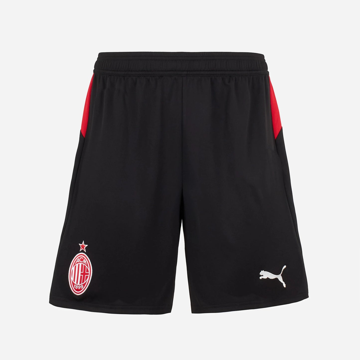 GOATkitz AC Milan 2025-26 kids black football shorts with red side panels and embroidered club crest and Puma logo.