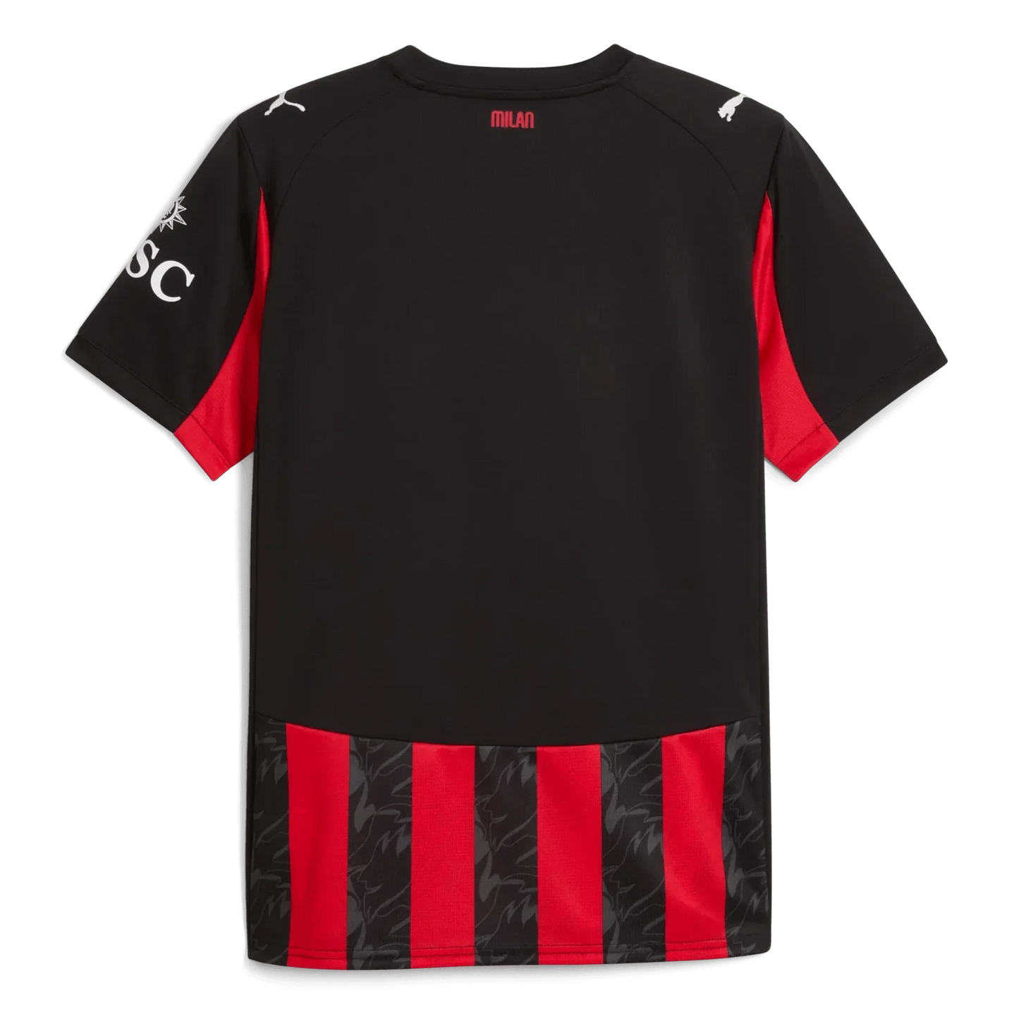 GOATkitz AC Milan 2025-26 kids home jersey, black with red accents and striped hem. Customizable.