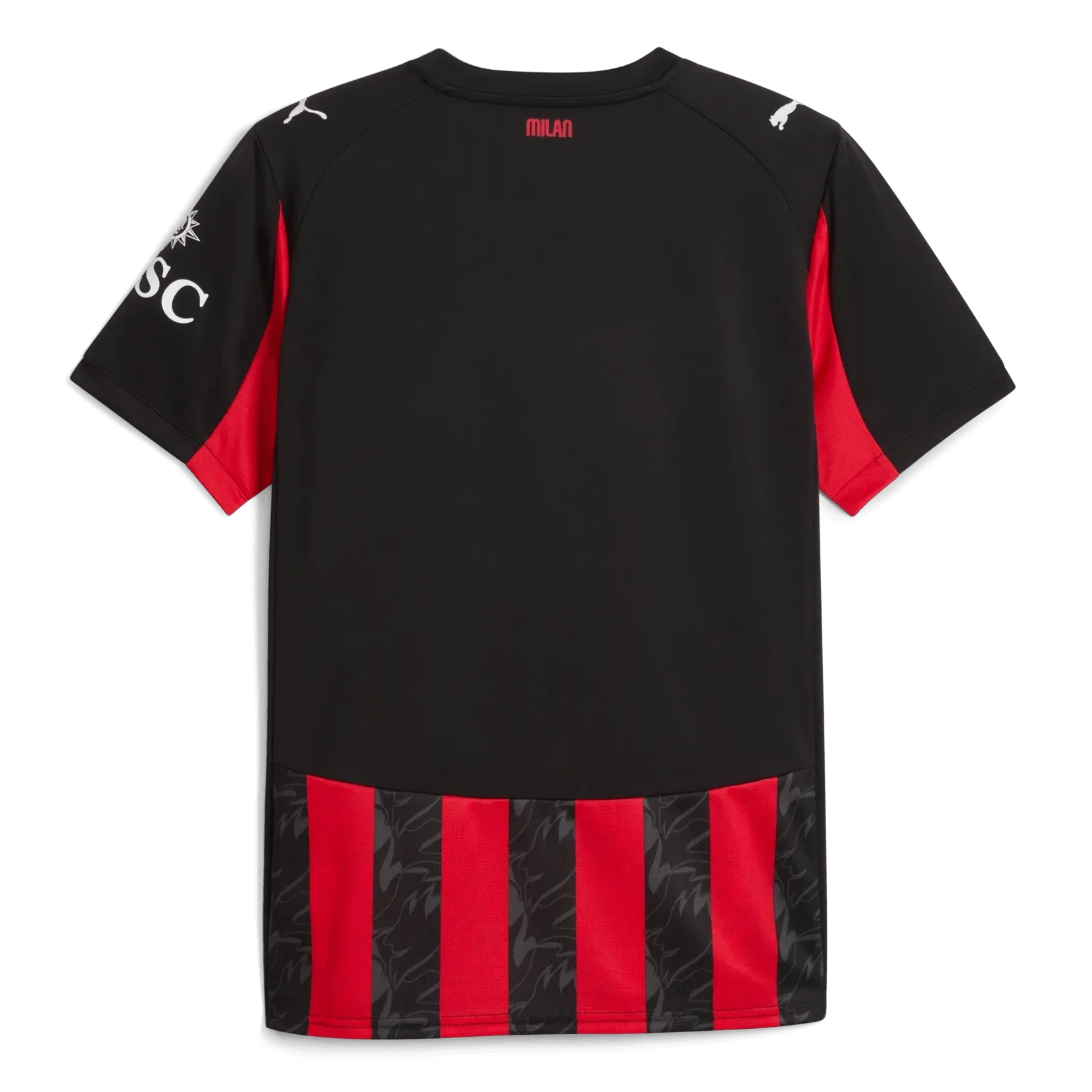 GOATkitz AC Milan 2025-26 kids home jersey, black with red accents and striped hem. Customizable.