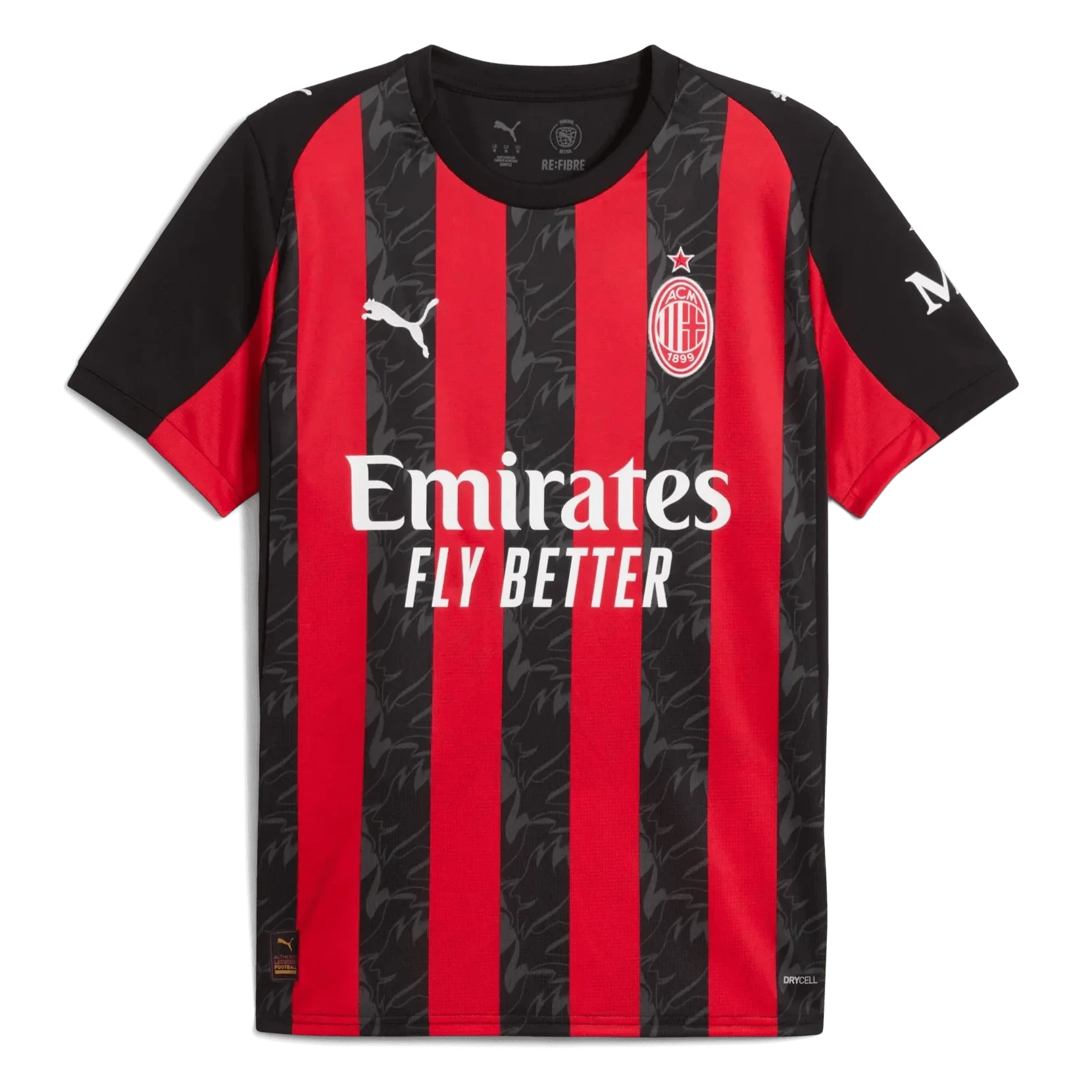 GOATkitz AC Milan 2025-26 kids home jersey in red and black with Emirates Fly Better sponsor. Features Puma logo and club crest.
