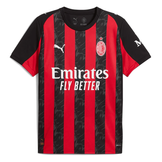 GOATkitz AC Milan 2025-26 kids home jersey in red and black with Emirates Fly Better sponsor. Features Puma logo and club crest.
