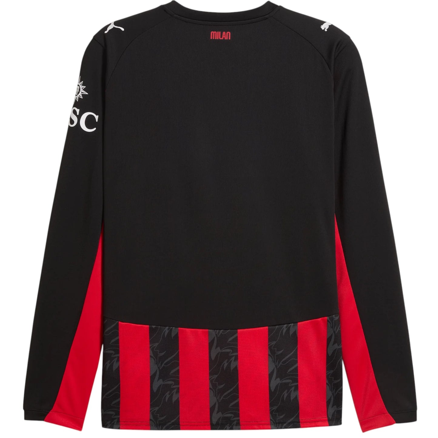 GOATkitz AC Milan 2025-26 adult home long sleeve jersey in black with red accents and striped hem. Features customizable options.