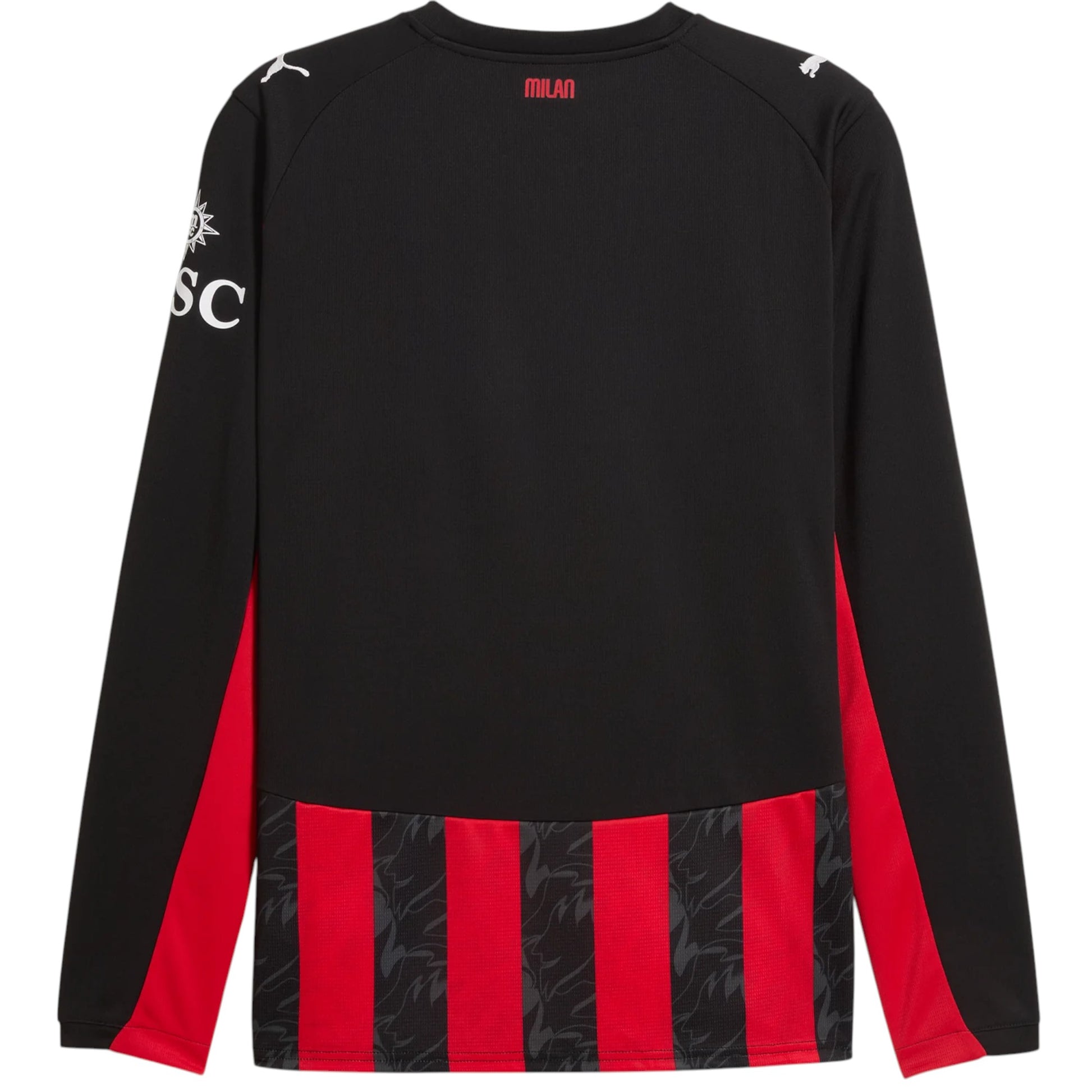 GOATkitz AC Milan 2025-26 adult home long sleeve jersey in black with red accents and striped hem. Features customizable options.