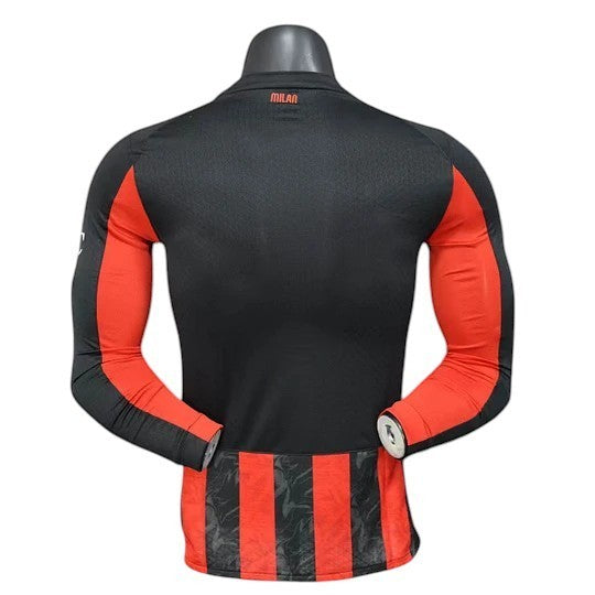 GOATkitz AC Milan 2025-26 player version long sleeve jersey, black with red sleeves and striped hem. Customizable.