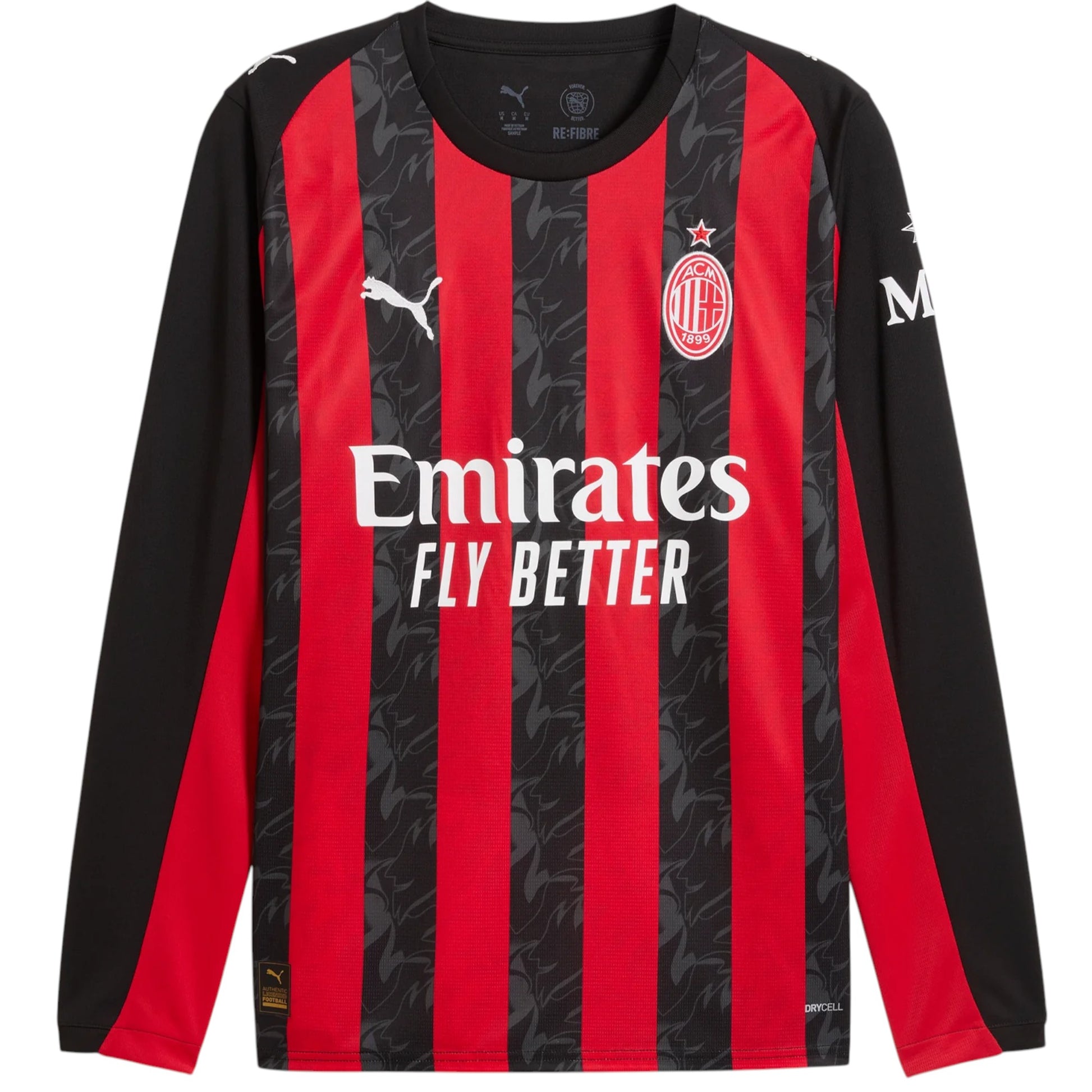 GOATkitz AC Milan 2025-26 long sleeve home jersey in red and black with subtle grey pattern. Features Emirates Fly Better sponsor.