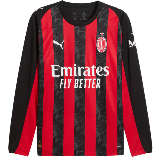 GOATkitz AC Milan 2025-26 long sleeve home jersey in red and black with subtle grey pattern. Features Emirates Fly Better sponsor.