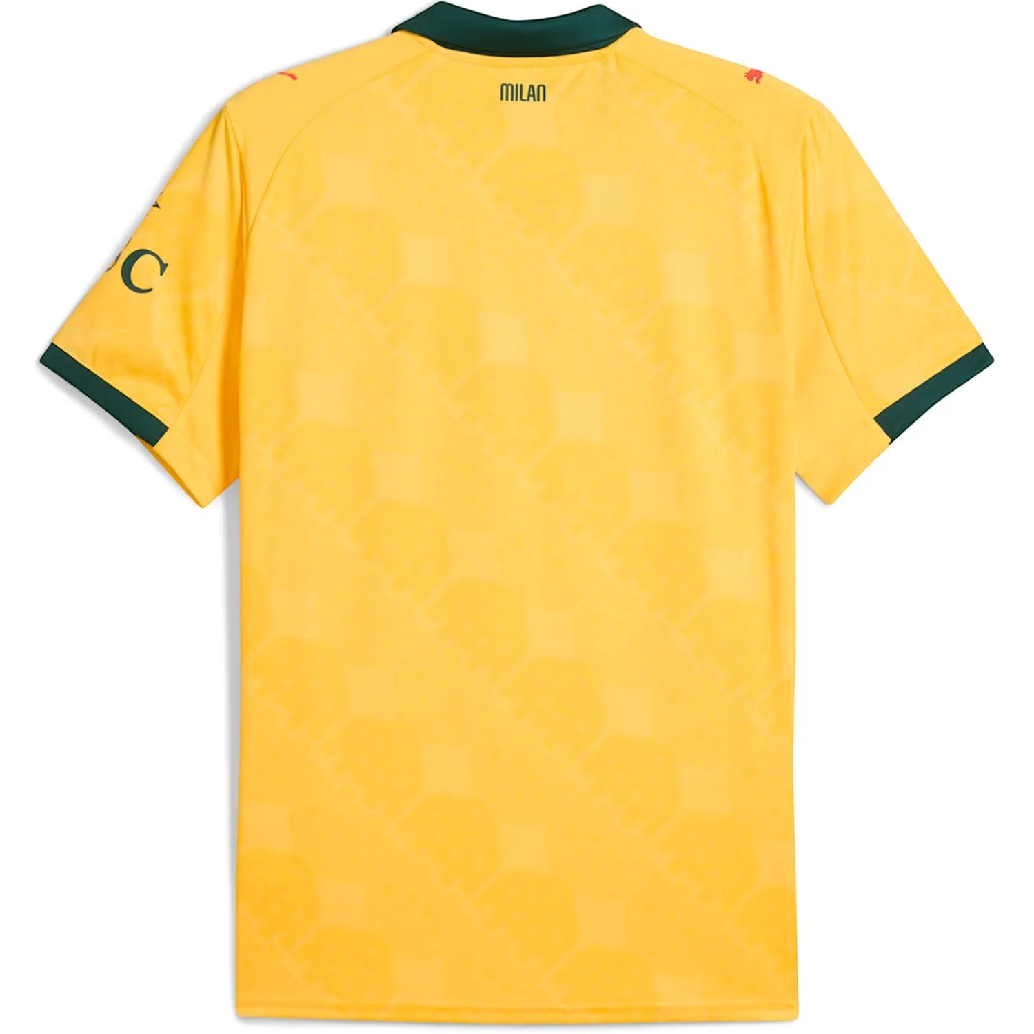 GOATkitz AC Milan 2025-26 adult third jersey in yellow with dark green collar and sleeve trim. Features subtle geometric pattern.