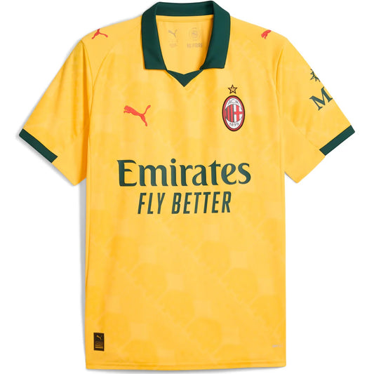 GOATkitz AC Milan 2025-26 yellow third jersey with green collar and cuffs, featuring Emirates Fly Better sponsor and Puma logos.