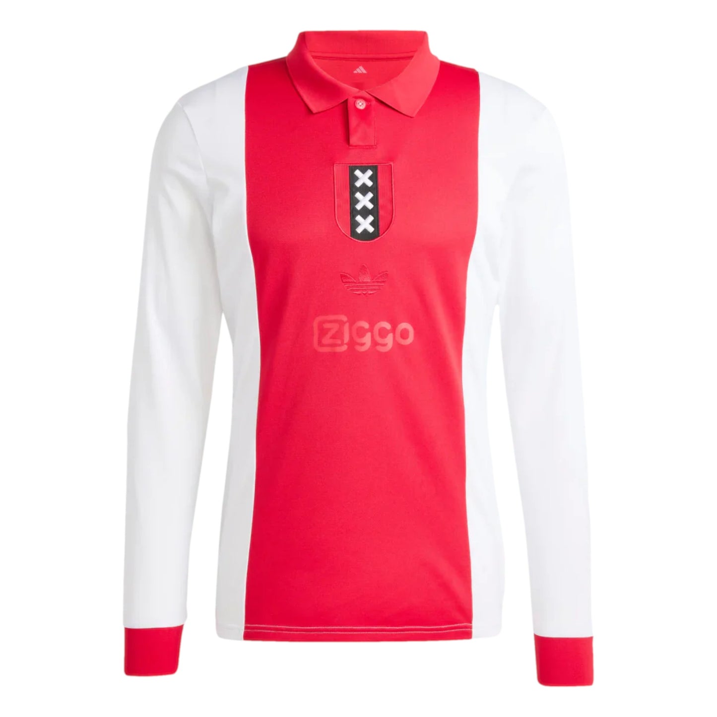 GOATkitz Ajax 125th Anniversary long sleeve football jersey in red and white with embroidered crest and sponsor logo.
