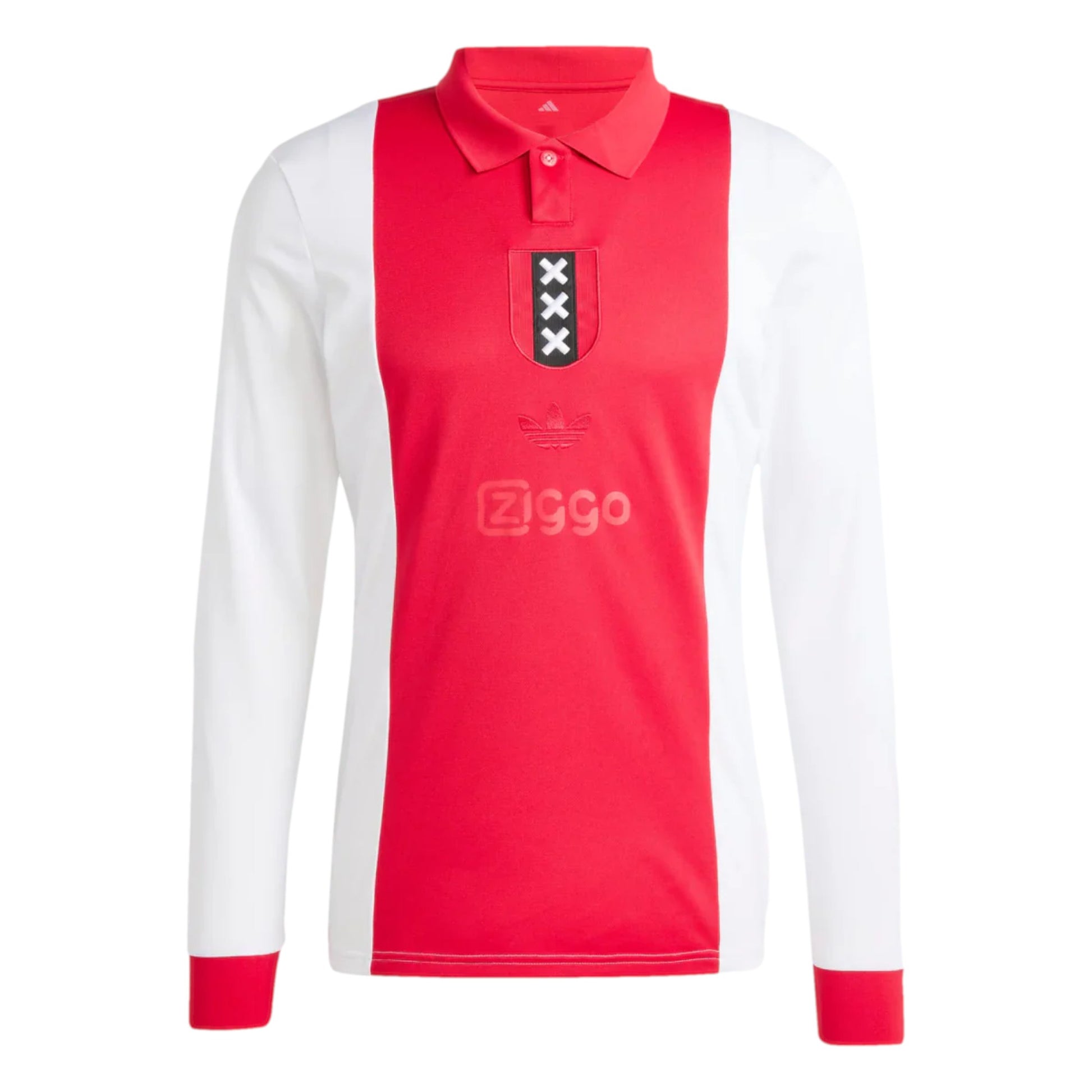 GOATkitz Ajax 125th Anniversary long sleeve football jersey in red and white with embroidered crest and sponsor logo.
