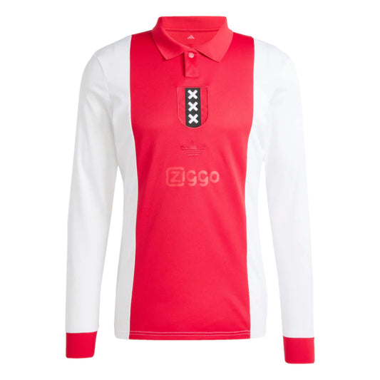 GOATkitz Ajax 125th Anniversary long sleeve football jersey in red and white with embroidered crest and sponsor logo.