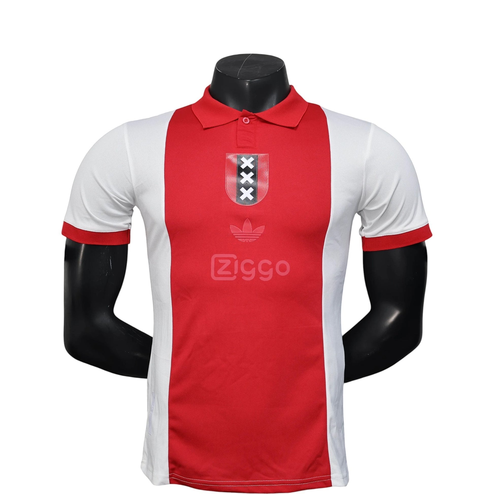 GOATkitz Ajax 125th Anniversary player version jersey, red and white with Ziggo logo and crest. Customizable.
