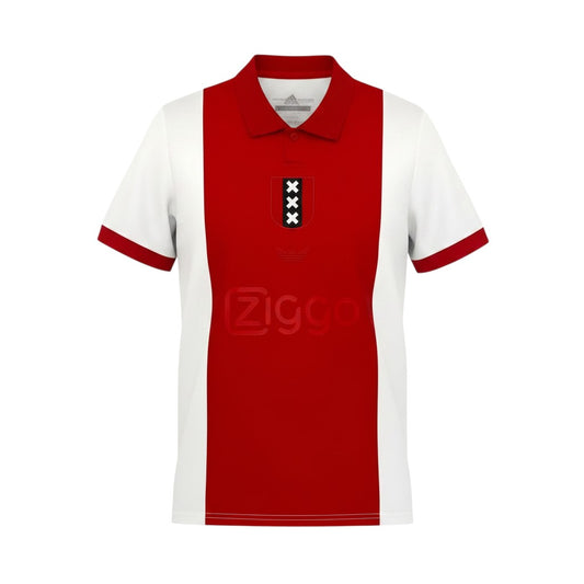 GOATkitz Ajax 125th Anniversary football jersey, red with white sleeves and collar, featuring the club crest and Ziggo sponsor.