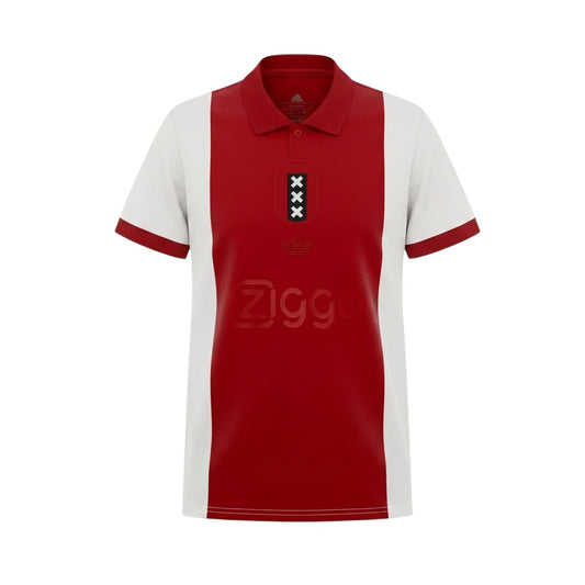 GOATkitz Ajax 125th Anniversary kids football jersey and shorts set. Red and white design with club crest and embossed logo.