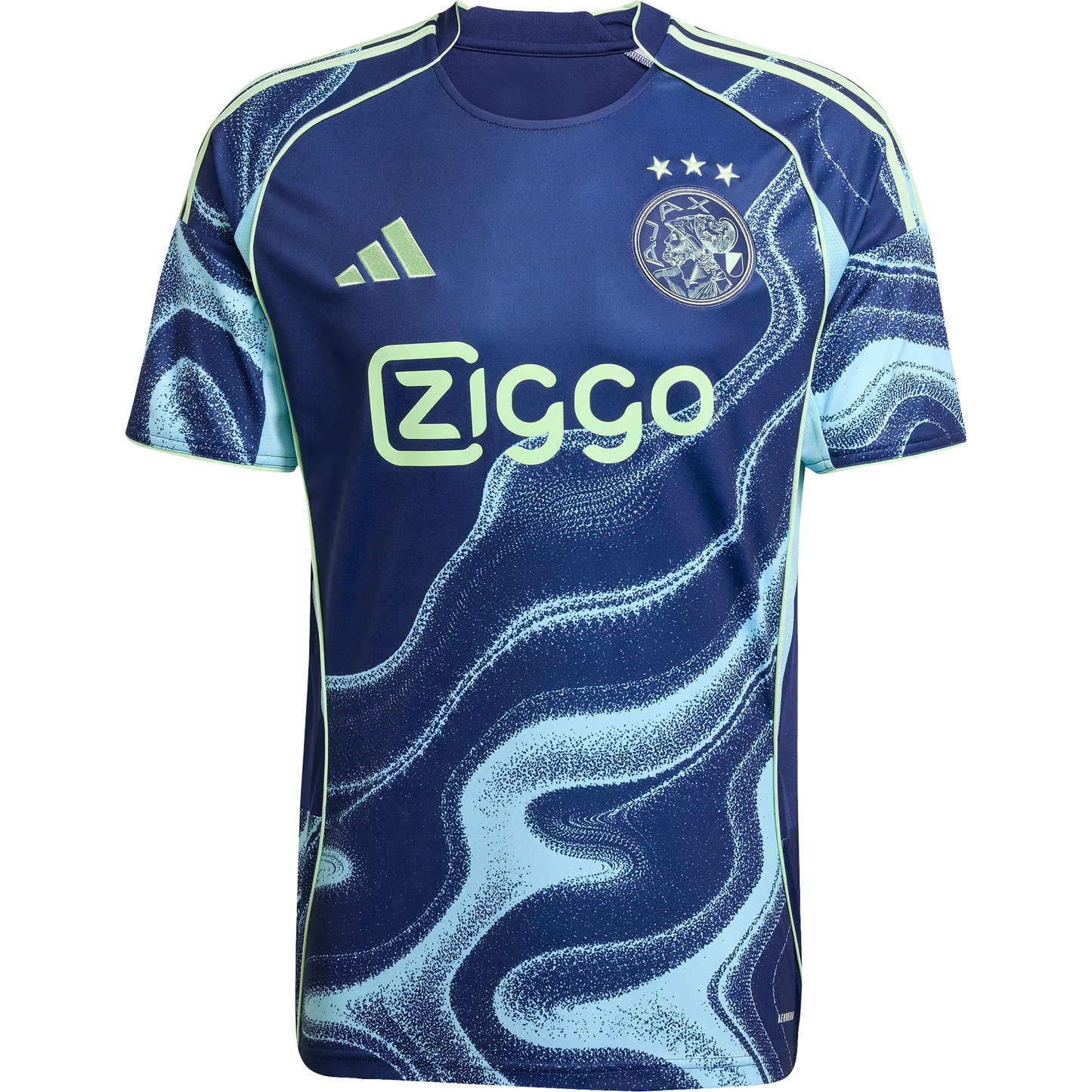 GOATkitz Ajax 2025-26 adult away jersey in navy blue with light blue and lime green abstract wave pattern. Features Ziggo logo.