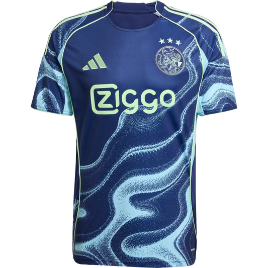 GOATkitz Ajax 2025-26 adult away jersey in navy blue with light blue and lime green abstract wave pattern. Features Ziggo logo.