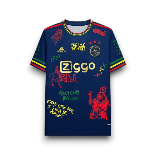 GOATkitz Ajax Graffiti Special Edition Navy Jersey with Rasta-inspired graphics and Bob Marley illustration. Customizable.