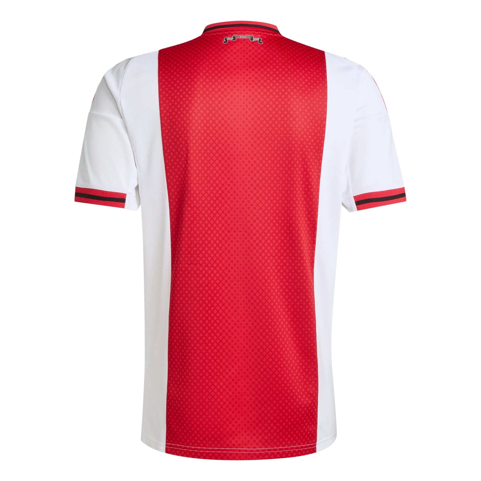 GOATkitz Ajax 2025-26 adult home jersey, white with red panel and subtle diamond pattern. Customizable.