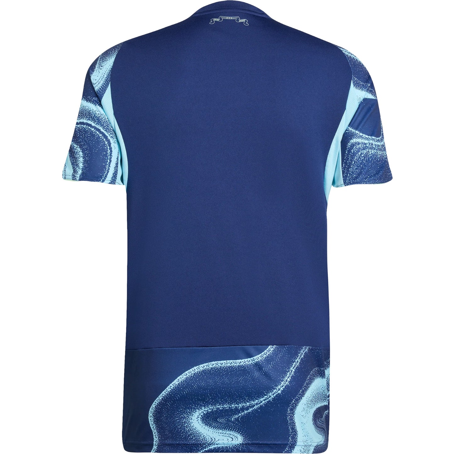 GOATkitz Ajax 2025-26 kids away jersey, navy blue with light blue abstract pattern on sleeves and hem.