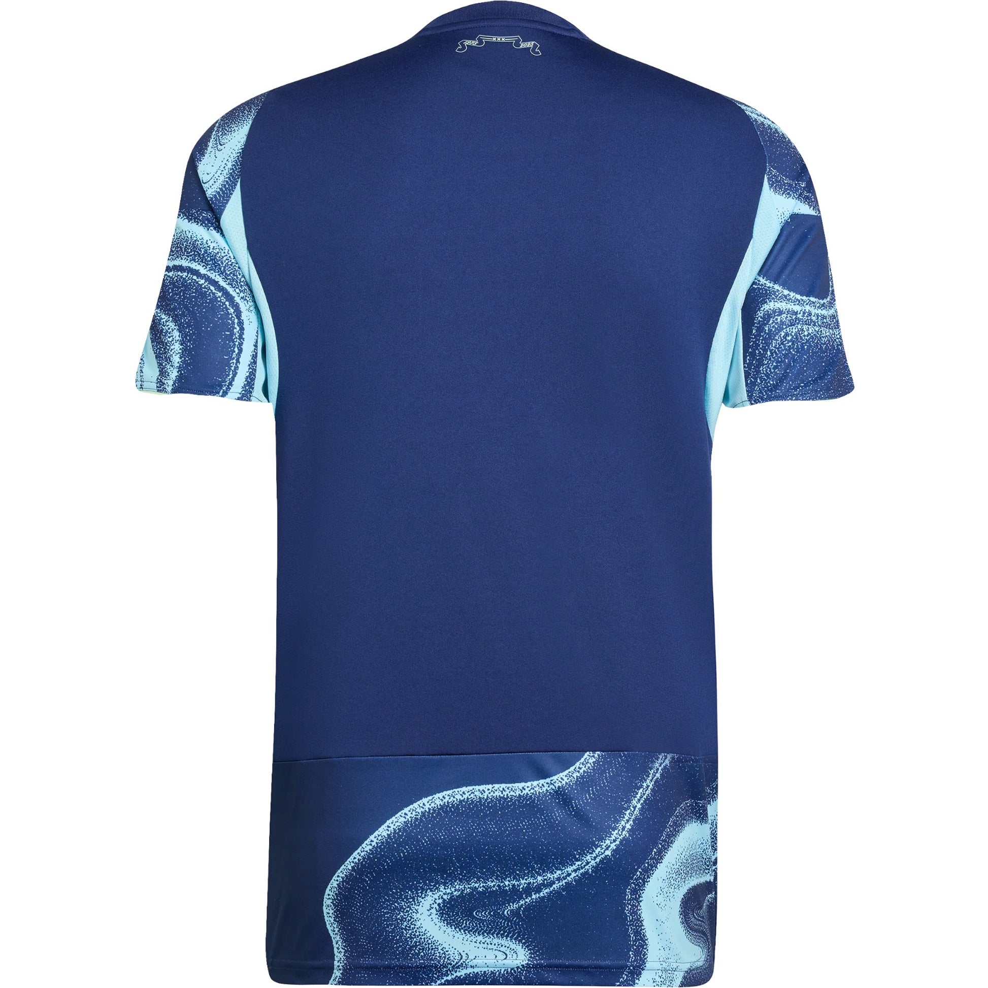 GOATkitz Ajax 2025-26 kids away jersey, navy blue with light blue abstract pattern on sleeves and hem.