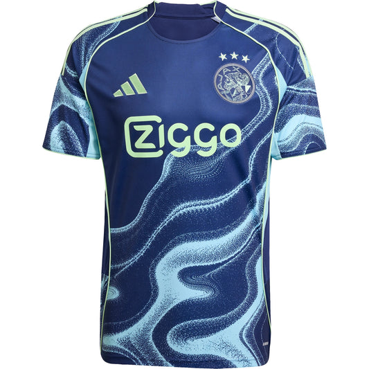 GOATkitz Ajax 2025-26 kids away jersey in navy blue with light blue and neon green abstract wave pattern. Features Ziggo logo.