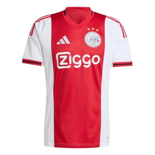 GOATkitz Ajax 2025-26 kids home jersey in red and white with Ziggo sponsor and Adidas stripes.