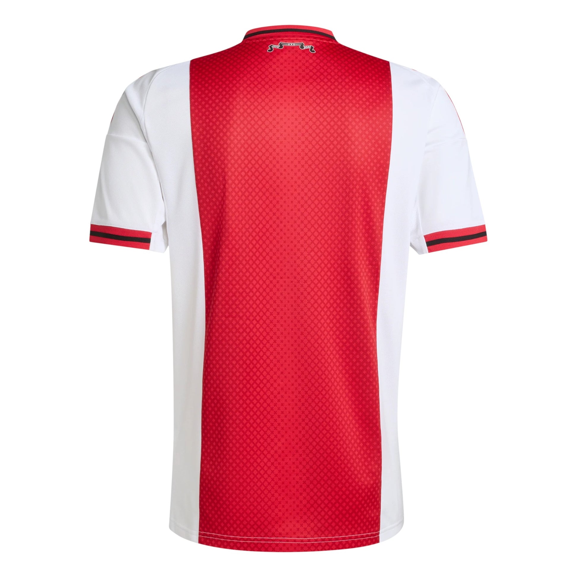 GOATkitz Ajax 2025-26 kids home jersey, white with red panel and subtle diamond pattern. Red and black striped cuffs.