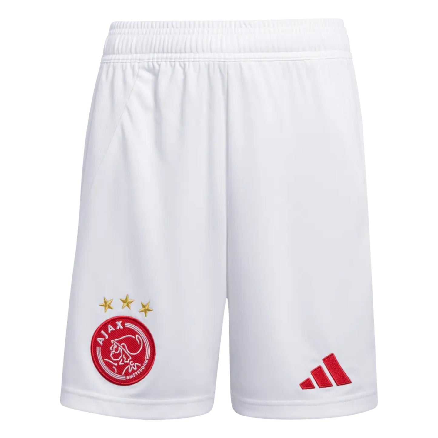 GOATkitz Ajax 2025-26 kids white football shorts with red embroidered crest and Adidas logo.