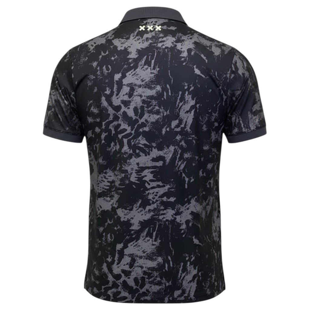 GOATkitz Ajax Stone Island Commemorative Special Edition Jersey, black with abstract grey pattern, short sleeves, collared neckline.