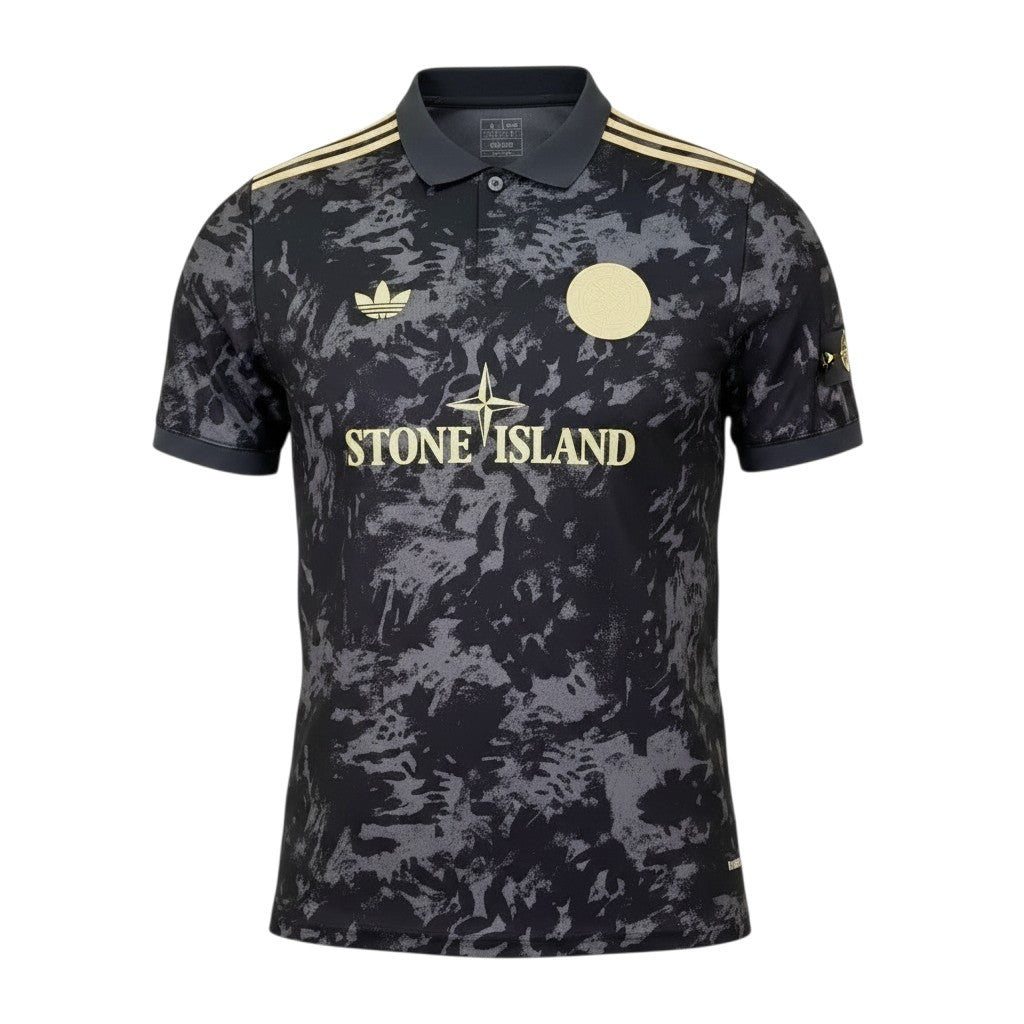 GOATkitz Ajax Stone Island Commemorative Special Edition black jersey with grey camouflage pattern, gold accents, and embroidered logos.