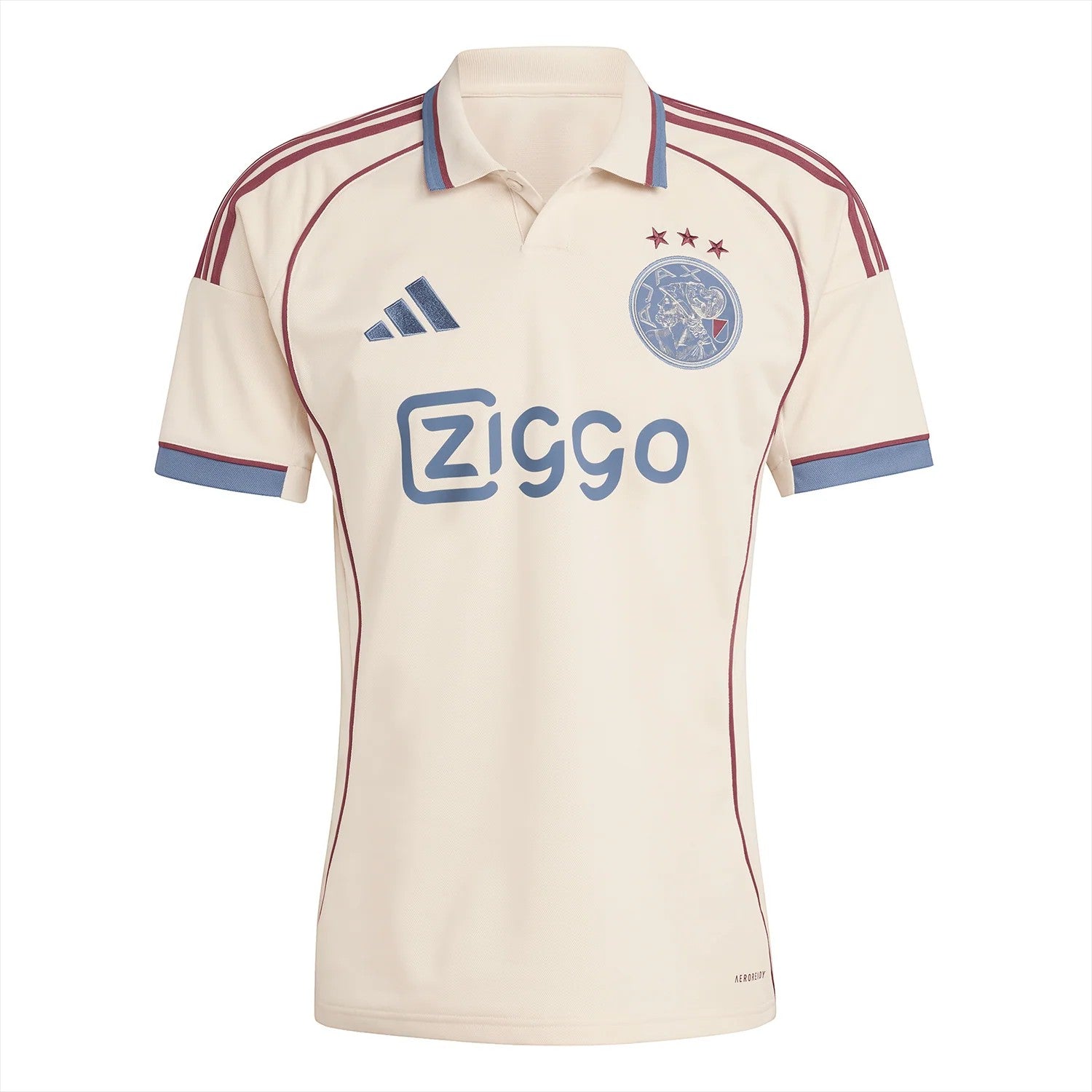 GOATkitz Ajax 2025-26 adult third jersey in cream with burgundy and blue accents. Features a polo collar, Ziggo sponsor, and Adidas branding.