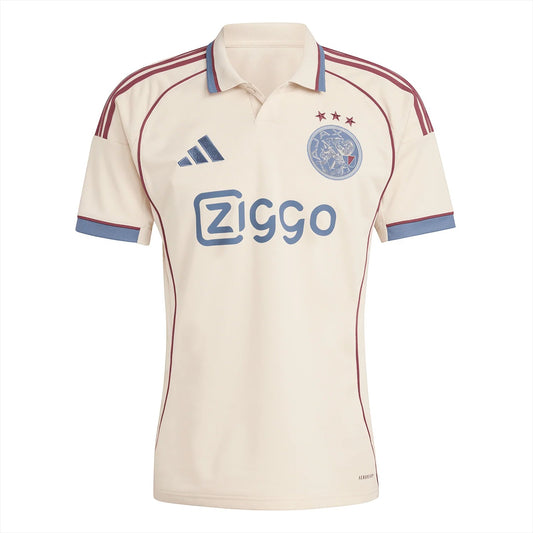 GOATkitz Ajax 2025-26 adult third jersey in cream with burgundy and blue accents. Features a polo collar, Ziggo sponsor, and Adidas branding.