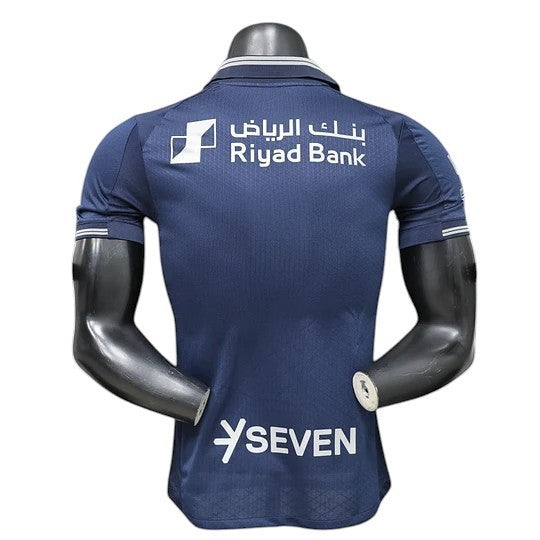 GOATkitz Al-Hilal 2025-26 navy blue player version football jersey with Riyadh Bank logo and YSEVEN detail.