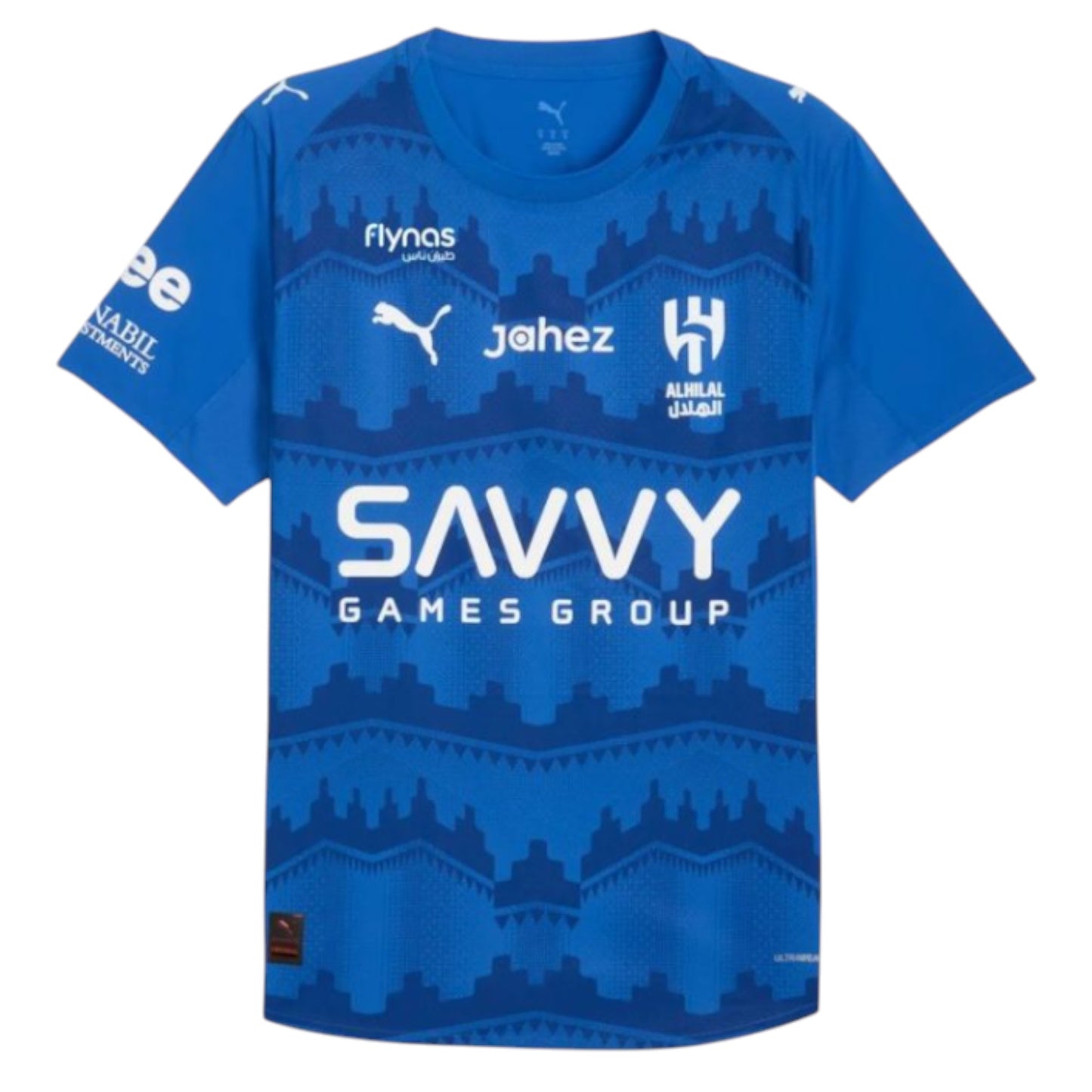 GOATkitz Al-Hilal 2025-26 adult home football jersey in royal blue with white accents and sponsor logos.