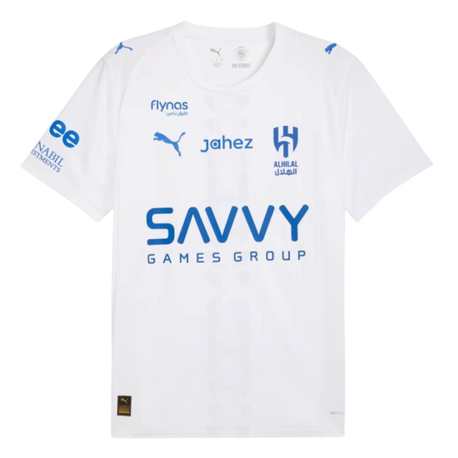 GOATkitz Al-Hilal 2025-26 adult away jersey, white with blue accents and sponsor logos. Short-sleeved, crew neck.