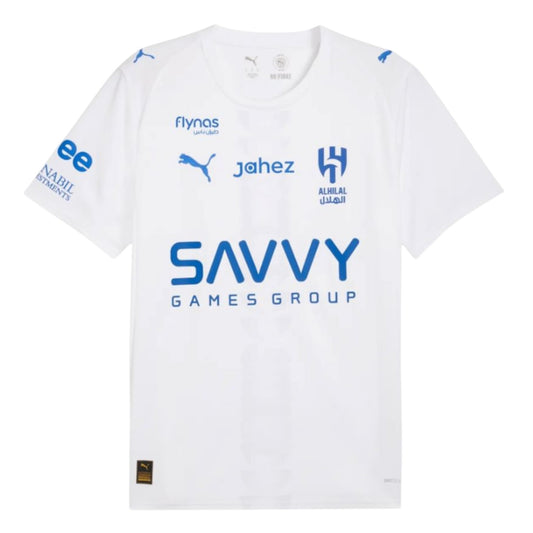 GOATkitz Al-Hilal 2025-26 adult away jersey, white with blue accents and sponsor logos. Short-sleeved, crew neck.