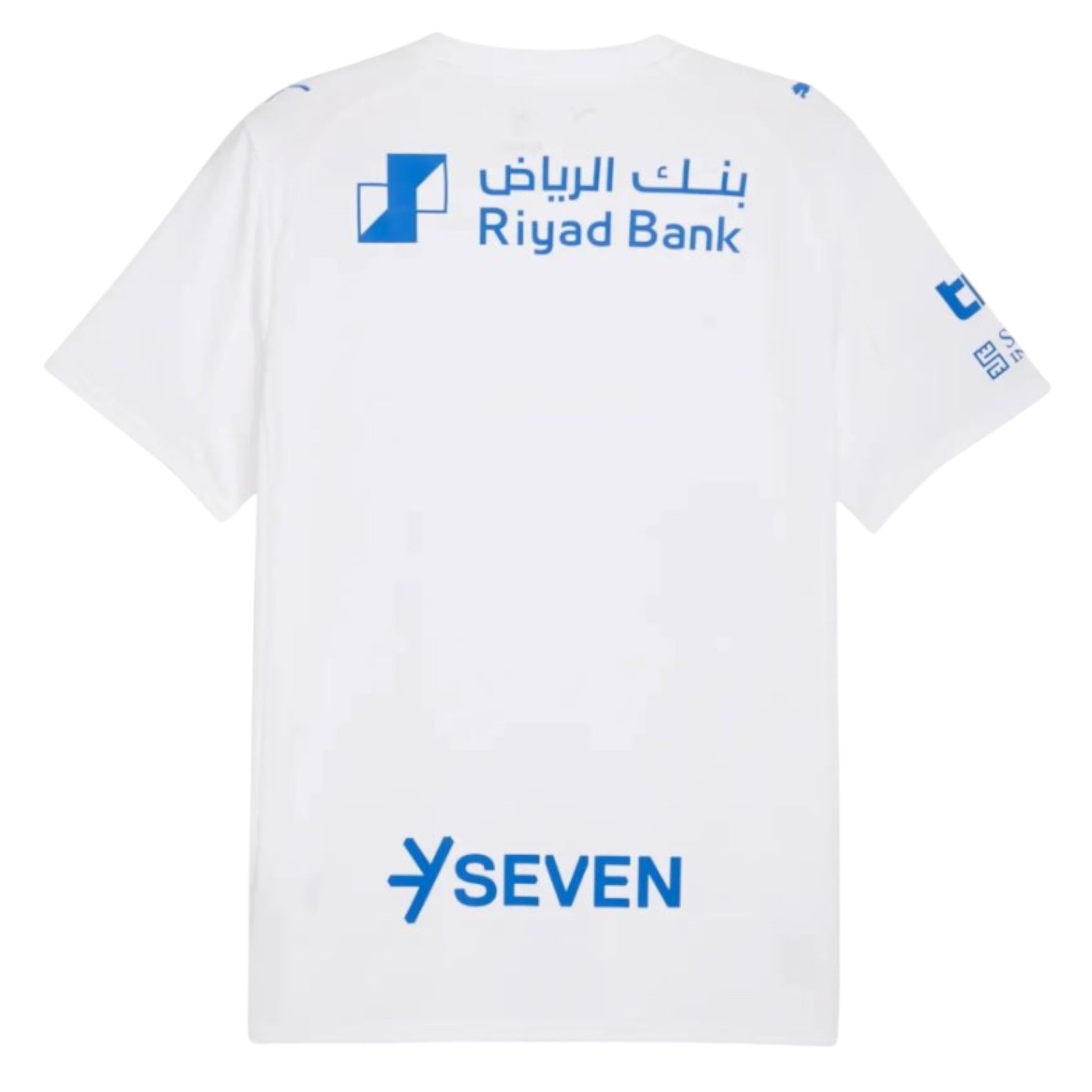 GOATkitz Al-Hilal 2025-26 adult away jersey, white with blue Riyadh Bank and YSEVEN logos.
