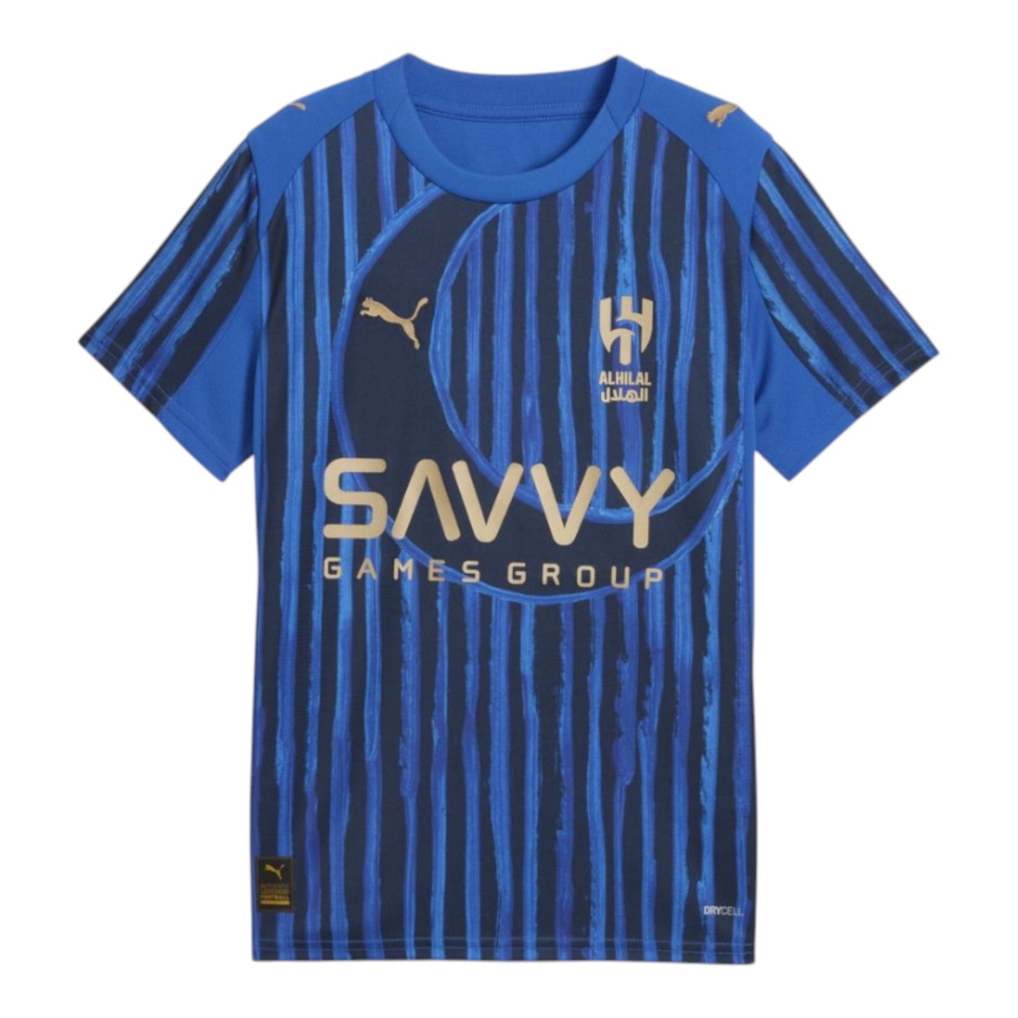 GOATkitz Al-Hilal 2025 Club World Cup fan jersey in blue with dark blue vertical stripes and gold accents. Features "SAVVY GAMES GROUP" sponsor logo.