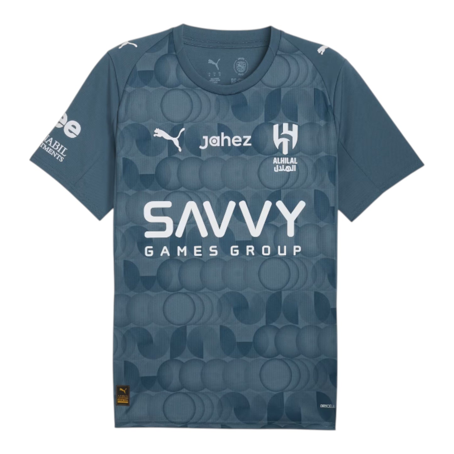 GOATkitz Al-Hilal 2025-26 adult third jersey in dark teal with a geometric circle pattern and white sponsor logos.