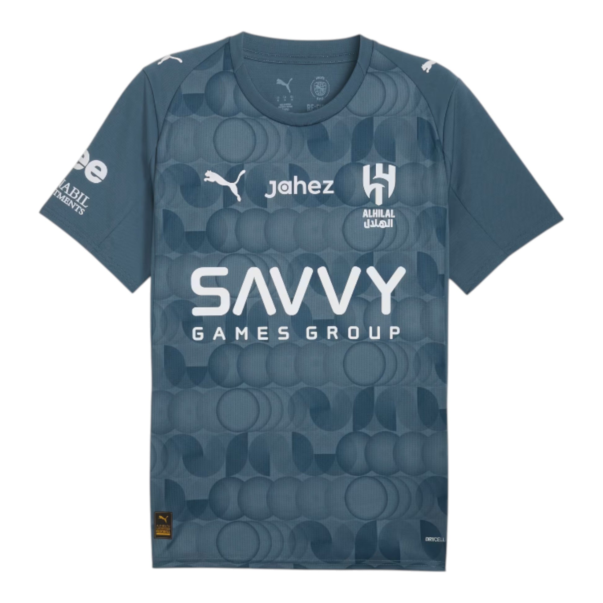 GOATkitz Al-Hilal 2025-26 adult third jersey in dark teal with a geometric circle pattern and white sponsor logos.