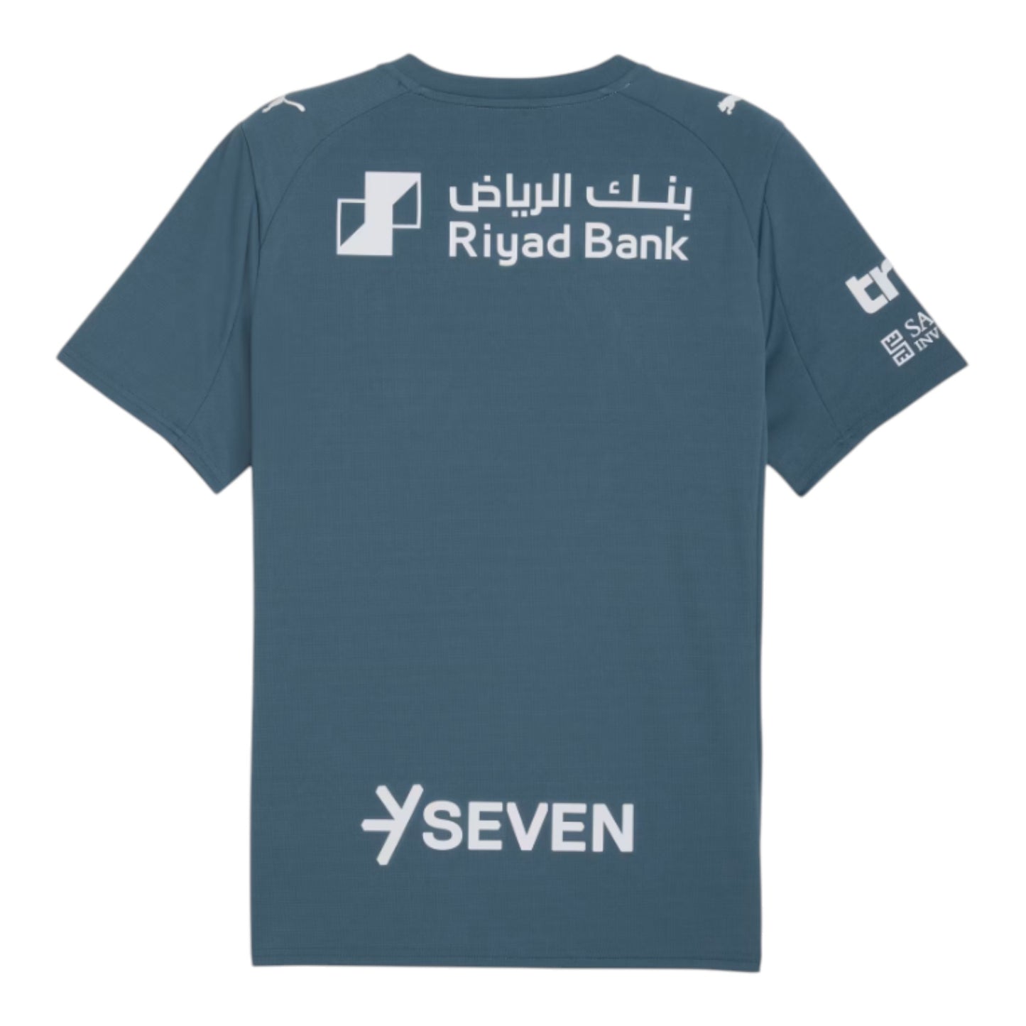 GOATkitz Al-Hilal 2025-26 adult third jersey in teal blue with white sponsor logos and text.