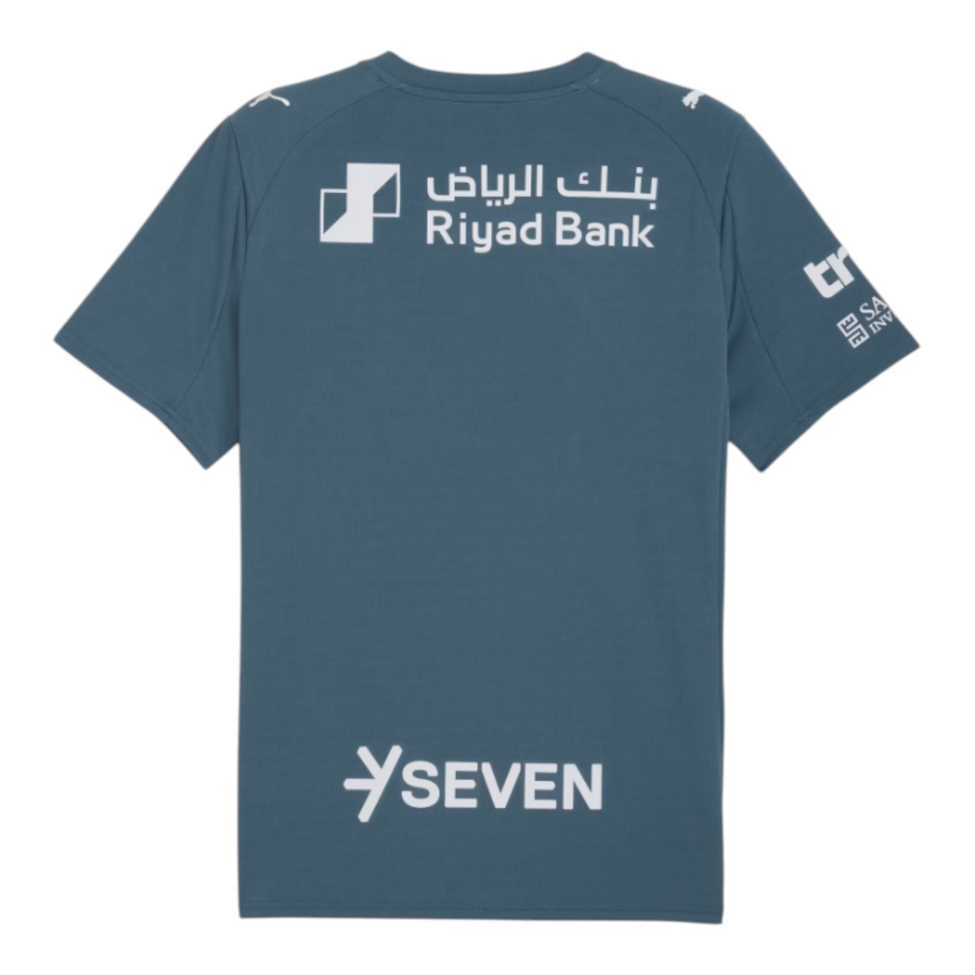 GOATkitz Al-Hilal 2025-26 adult third jersey in teal blue with white sponsor logos and text.