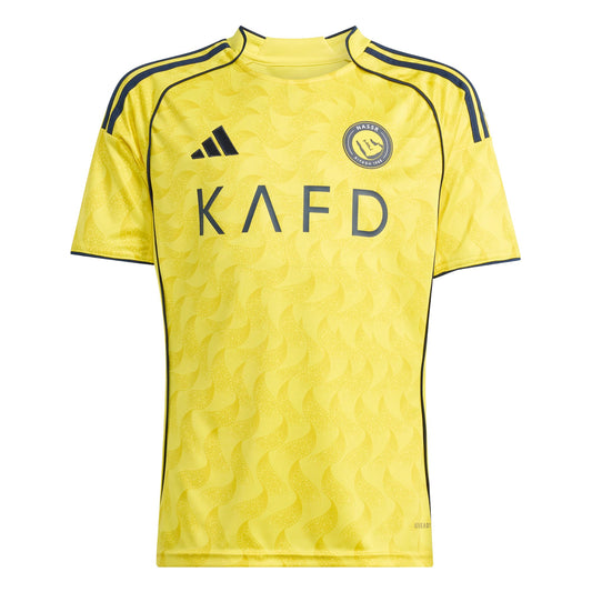 GOATkitz Al-Nassr 2025-26 adult home jersey in yellow with navy blue accents and a subtle wave pattern. Features club crest and sponsor logo.
