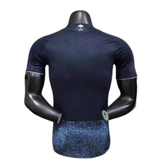 GOATkitz Al-Nassr 2025-26 Player Version Away Jersey in navy blue with white trim on sleeves. Customizable.