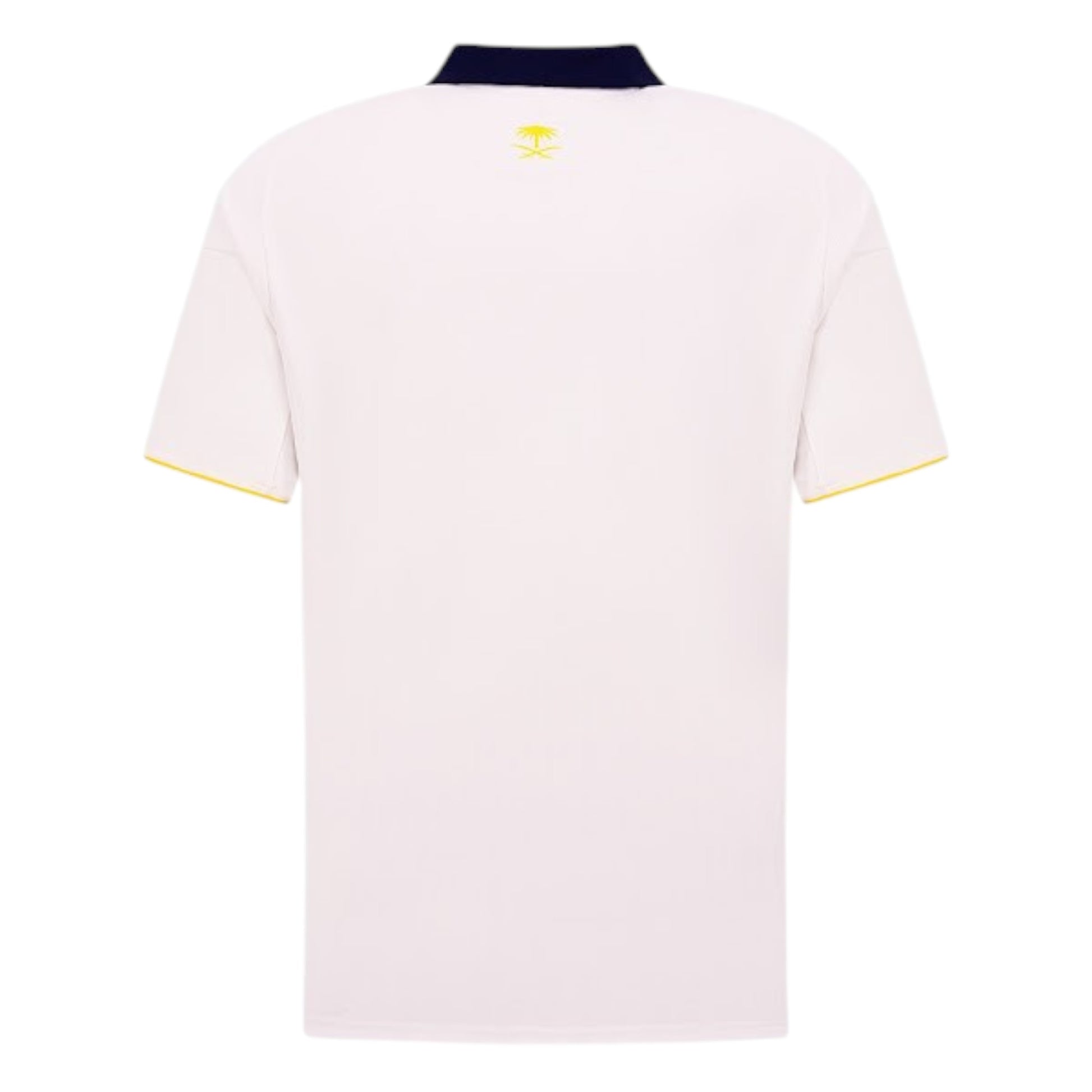 GOATkitz Al-Nassr 2025-26 white football jersey with navy collar and yellow trim. Features a yellow palm tree logo on the back.