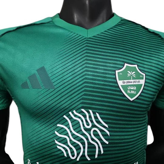 GOATkitz Al-Ahli 2025-26 player version away jersey in green with a striped pattern and club crest.