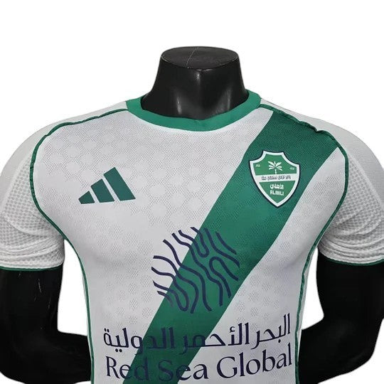 GOATkitz Al-Ahli 2025-26 Player Version Home Jersey, white with green diagonal stripe, customisable.